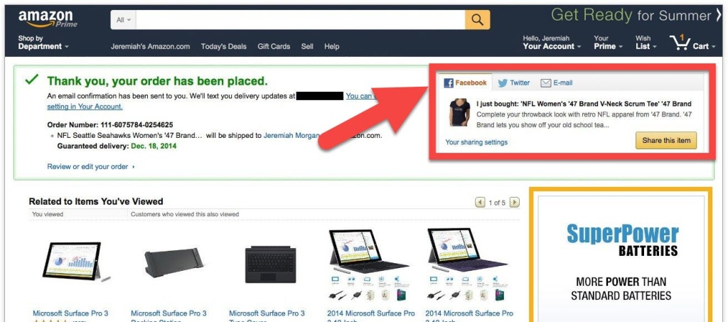 Amazon ได้ทำปุ่มสำหรับแชร์ไว้ในทุกหน้าที่มีการยืนยันคำสั่งซื้อ